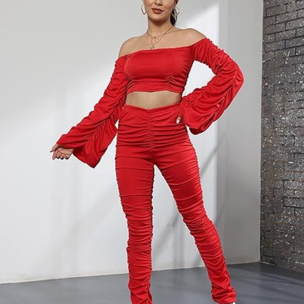 Brand New 2 Piece Outfits Off Shoulder Long Sleeve Top  Ruched Stacked Pants